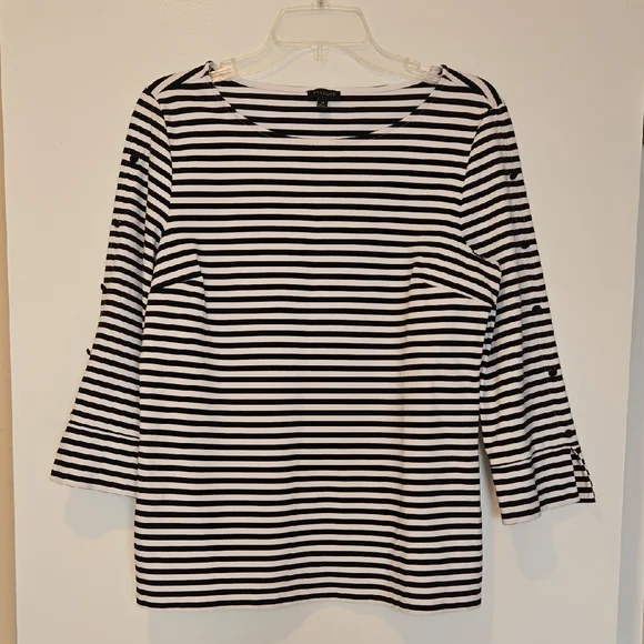 Talbots Coastal Black/White Striped Nautical 3/4 Length Button Detail Sleeve Top - Picture 2 of 7